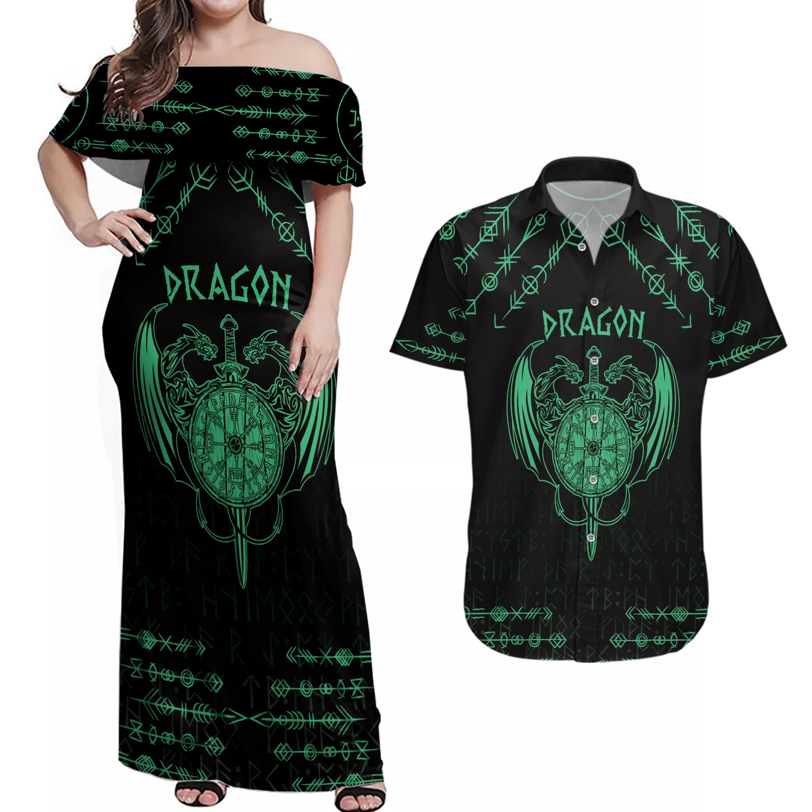 Personalized Viking Dragon Couples Matching Off Shoulder Maxi Dress and Hawaiian Shirt with Sword Green Scandinavian Tattoo LT9 - Wonder Print Shop