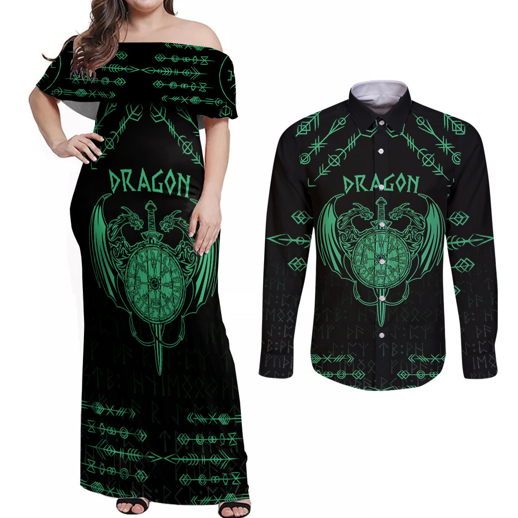 Personalized Viking Dragon Couples Matching Off Shoulder Maxi Dress and Long Sleeve Button Shirt with Sword Green Scandinavian Tattoo LT9 - Wonder Print Shop