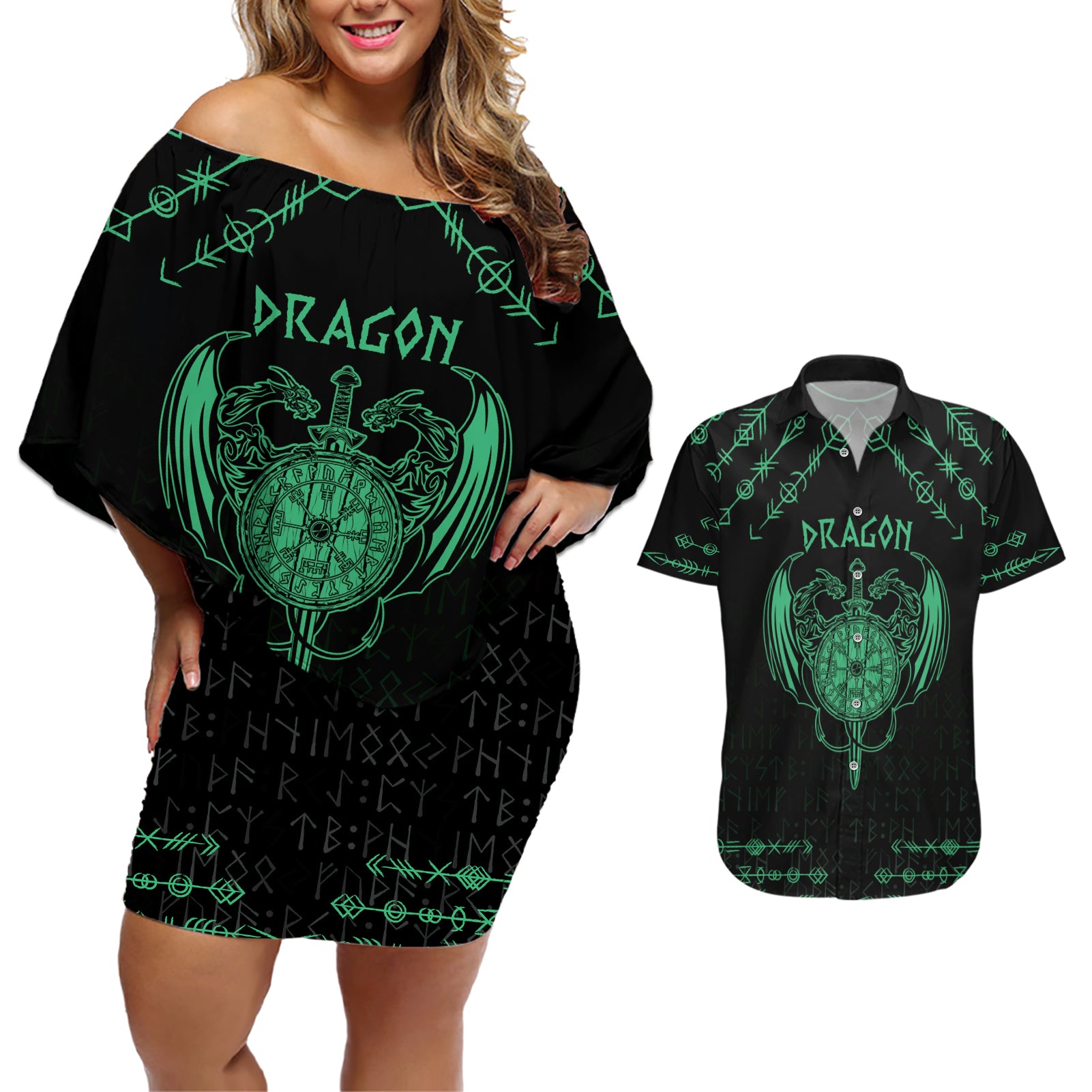 Personalized Viking Dragon Couples Matching Off Shoulder Short Dress and Hawaiian Shirt with Sword Green Scandinavian Tattoo LT9 - Wonder Print Shop