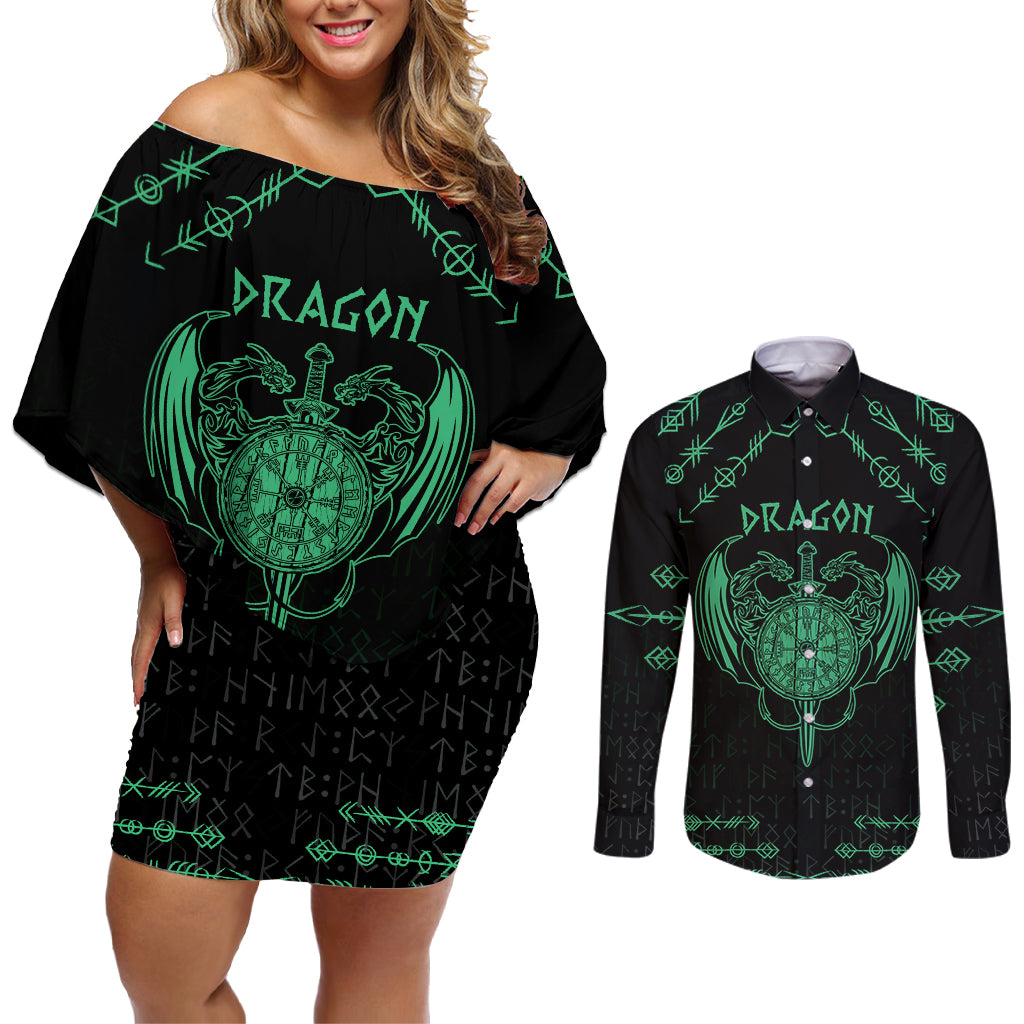 Personalized Viking Dragon Couples Matching Off Shoulder Short Dress and Long Sleeve Button Shirt with Sword Green Scandinavian Tattoo LT9 - Wonder Print Shop