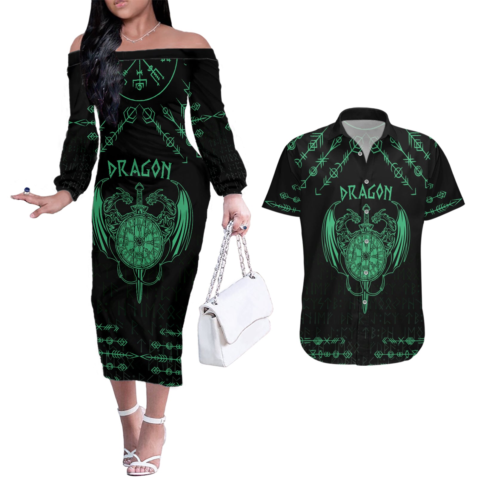 Personalized Viking Dragon Couples Matching Off The Shoulder Long Sleeve Dress and Hawaiian Shirt with Sword Green Scandinavian Tattoo LT9 - Wonder Print Shop