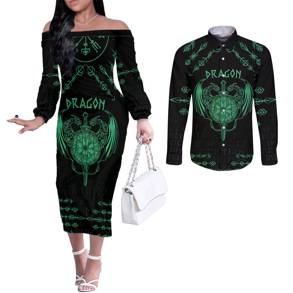 Personalized Viking Dragon Couples Matching Off The Shoulder Long Sleeve Dress and Long Sleeve Button Shirt with Sword Green Scandinavian Tattoo