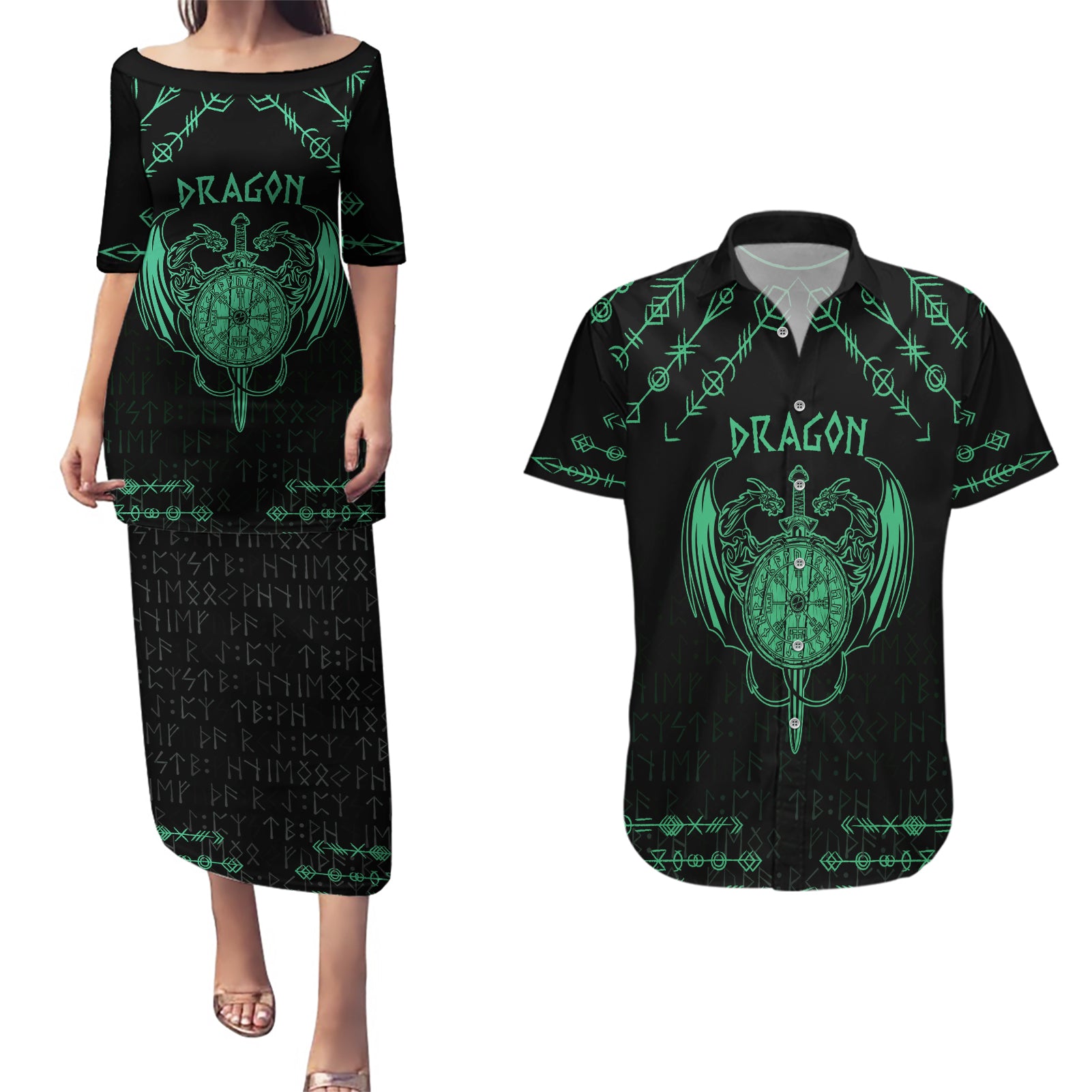 Personalized Viking Dragon Couples Matching Puletasi and Hawaiian Shirt with Sword Green Scandinavian Tattoo LT9 - Wonder Print Shop