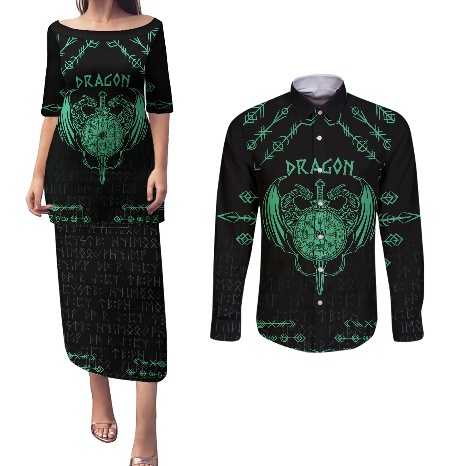 Personalized Viking Dragon Couples Matching Puletasi and Long Sleeve Button Shirt with Sword Green Scandinavian Tattoo LT9 - Wonder Print Shop