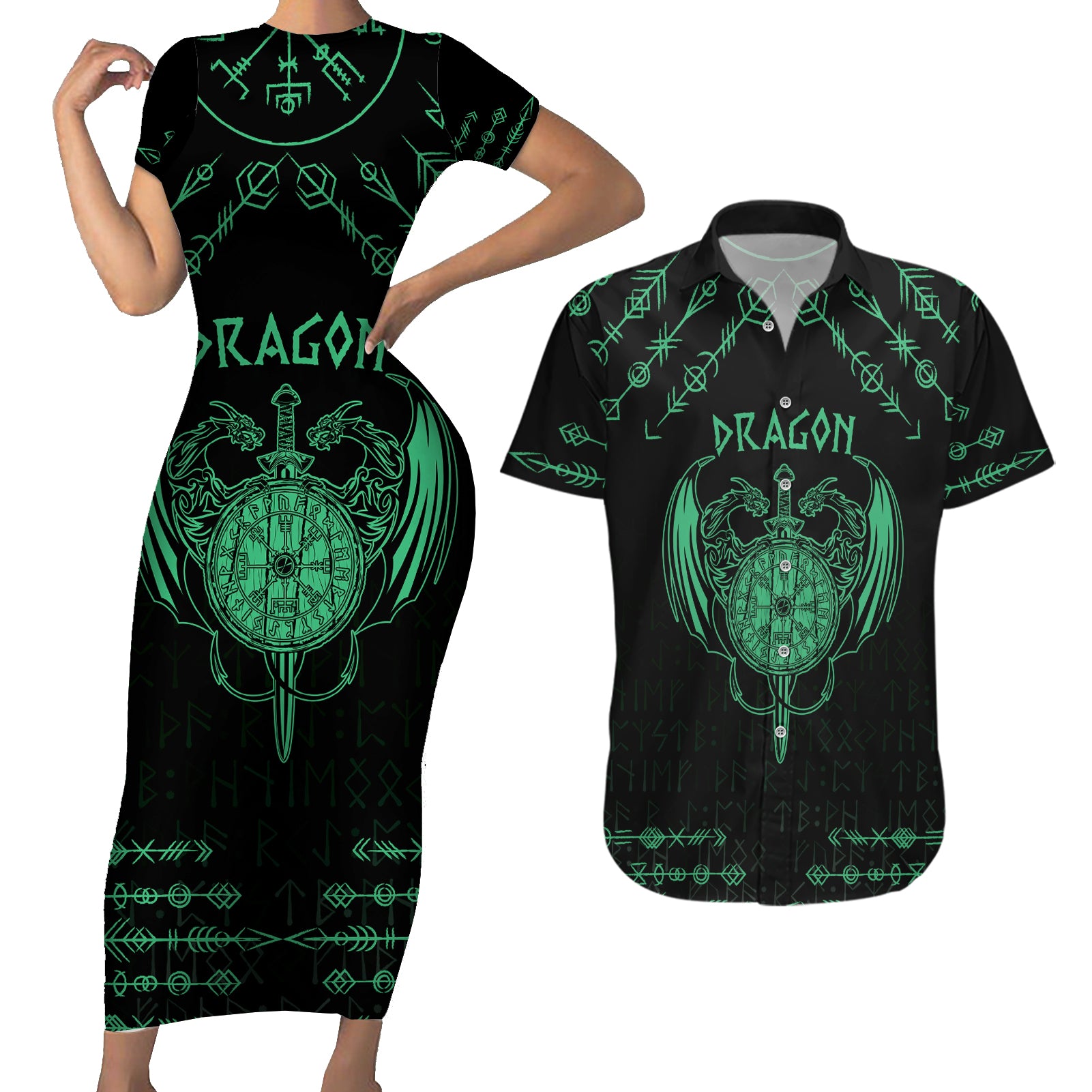 Personalized Viking Dragon Couples Matching Short Sleeve Bodycon Dress and Hawaiian Shirt with Sword Green Scandinavian Tattoo LT9 - Wonder Print Shop