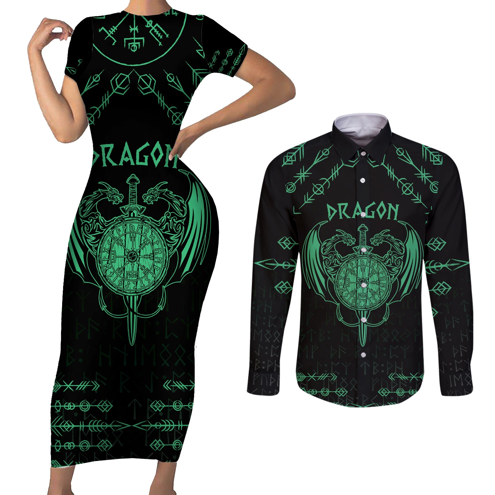 Personalized Viking Dragon Couples Matching Short Sleeve Bodycon Dress and Long Sleeve Button Shirt with Sword Green Scandinavian Tattoo LT9 - Wonder Print Shop