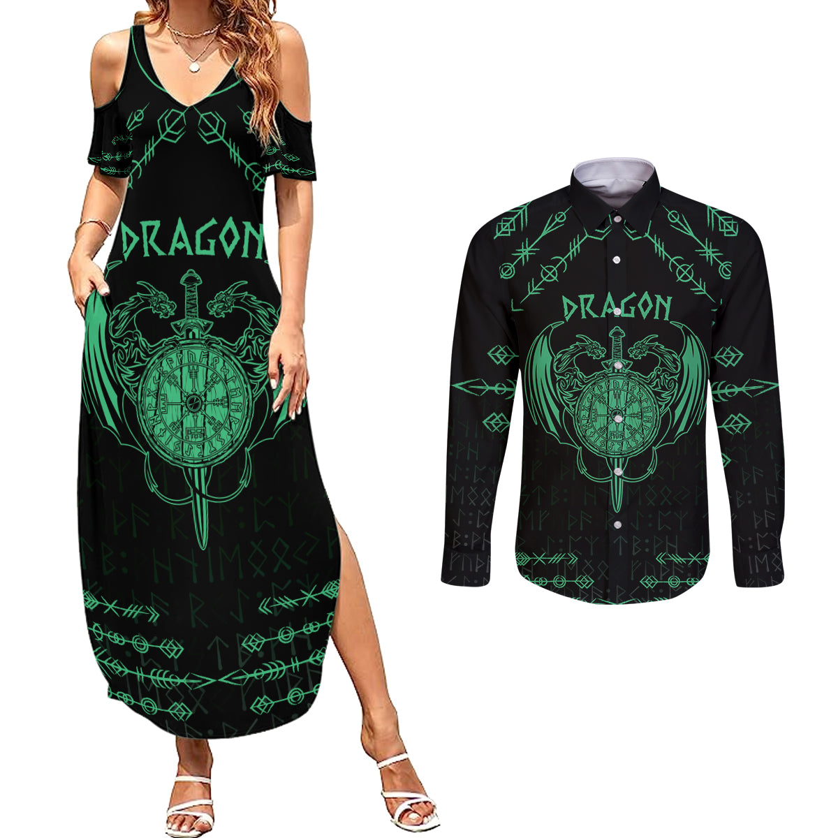 Personalized Viking Dragon Couples Matching Summer Maxi Dress and Long Sleeve Button Shirt with Sword Green Scandinavian Tattoo LT9 - Wonder Print Shop