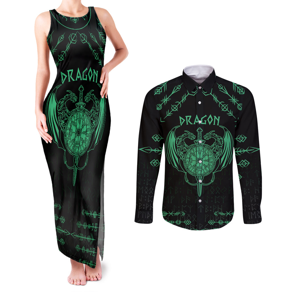 Personalized Viking Dragon Couples Matching Tank Maxi Dress and Long Sleeve Button Shirt with Sword Green Scandinavian Tattoo LT9 - Wonder Print Shop