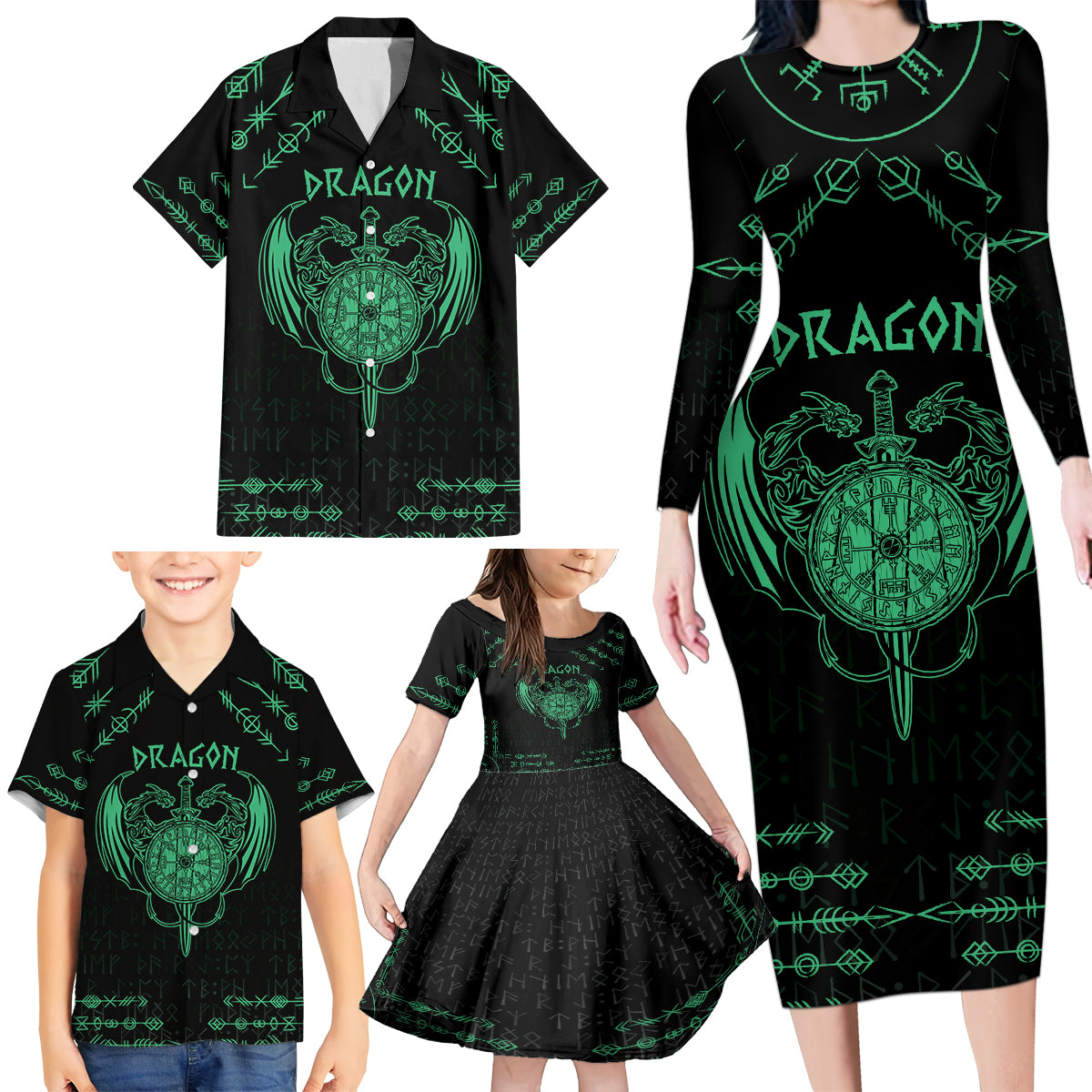 Personalized Viking Dragon Family Matching Long Sleeve Bodycon Dress and Hawaiian Shirt with Sword Green Scandinavian Tattoo LT9 - Wonder Print Shop