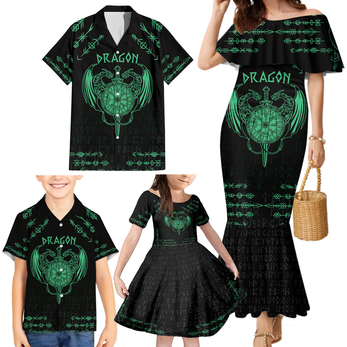 Personalized Viking Dragon Family Matching Mermaid Dress and Hawaiian Shirt with Sword Green Scandinavian Tattoo LT9 - Wonder Print Shop