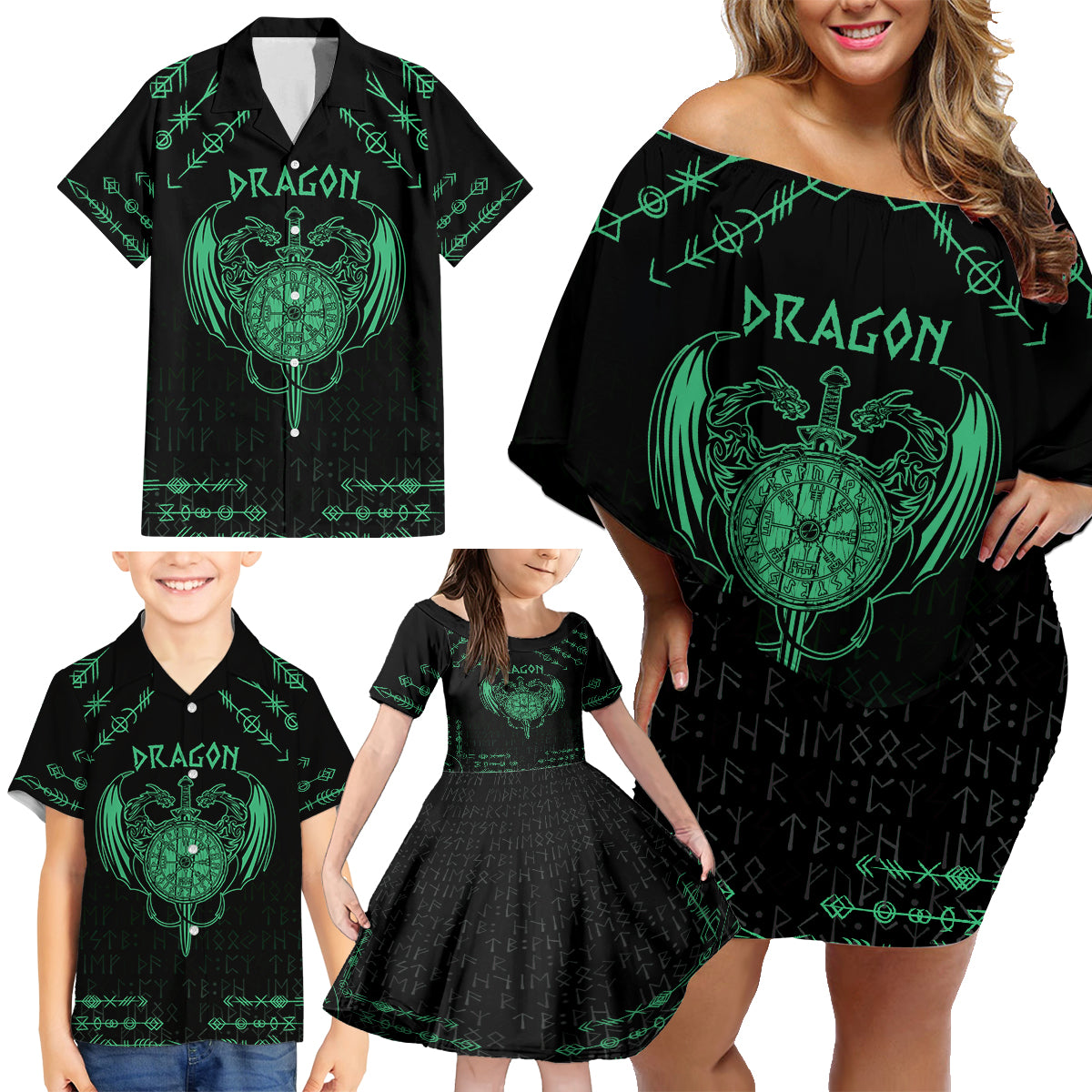 Personalized Viking Dragon Family Matching Off Shoulder Short Dress and Hawaiian Shirt with Sword Green Scandinavian Tattoo LT9 - Wonder Print Shop