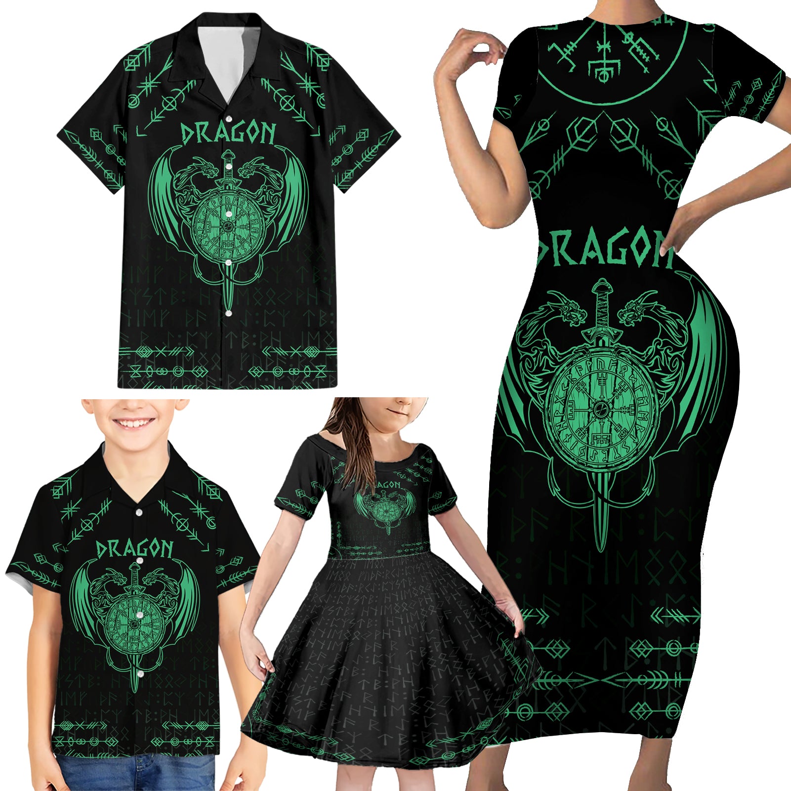 Personalized Viking Dragon Family Matching Short Sleeve Bodycon Dress and Hawaiian Shirt with Sword Green Scandinavian Tattoo - Wonder Print Shop