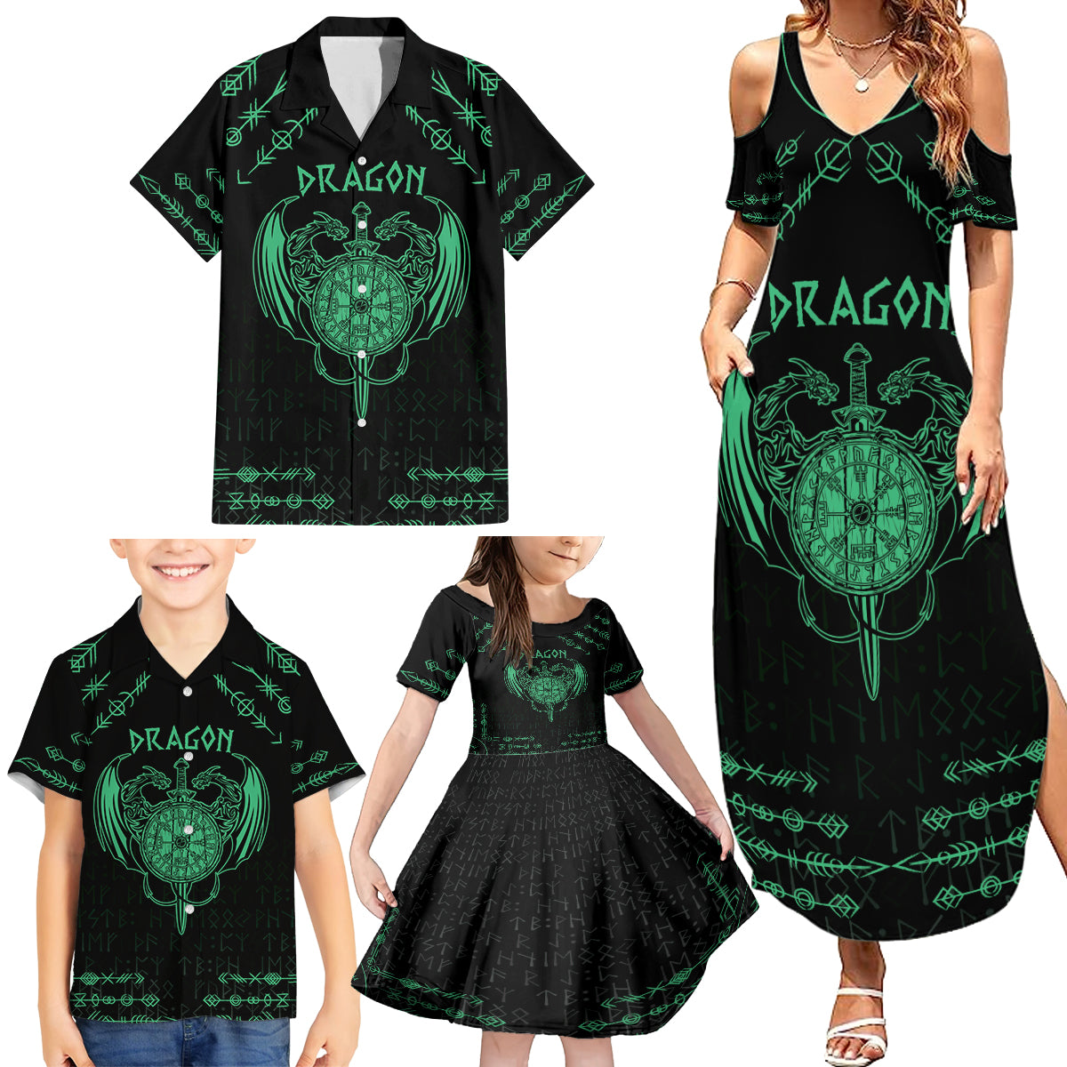 Personalized Viking Dragon Family Matching Summer Maxi Dress and Hawaiian Shirt with Sword Green Scandinavian Tattoo - Wonder Print Shop