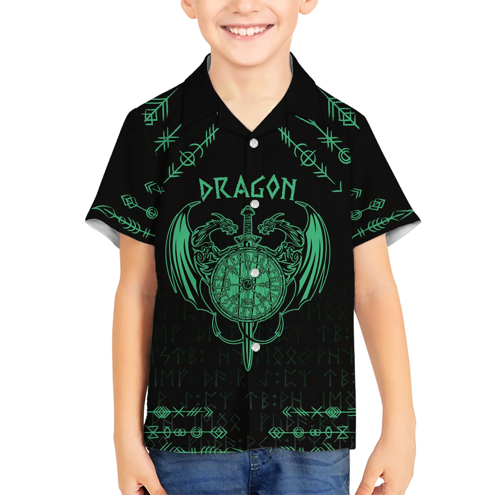 Personalized Viking Dragon Kid Hawaiian Shirt with Sword Green Scandinavian Tattoo - Wonder Print Shop