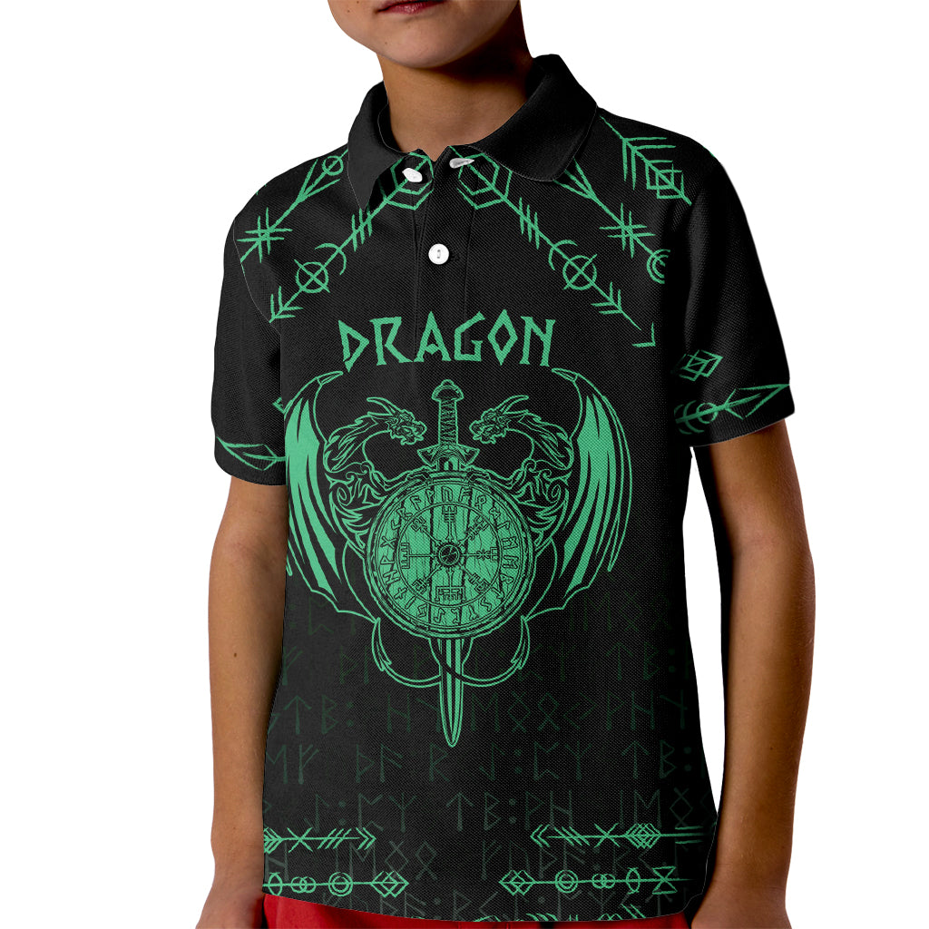 Personalized Viking Dragon Kid Polo Shirt with Sword Green Scandinavian Tattoo - Wonder Print Shop