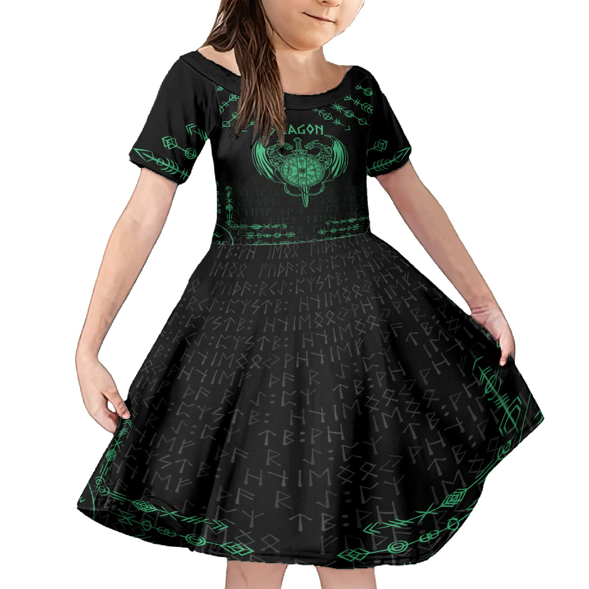 Personalized Viking Dragon Kid Short Sleeve Dress with Sword Green Scandinavian Tattoo - Wonder Print Shop