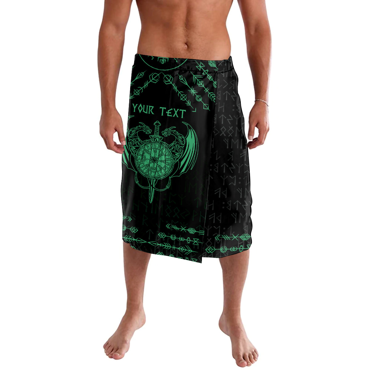Personalized lavalava shorts with green dragon graphic and customizable text at center