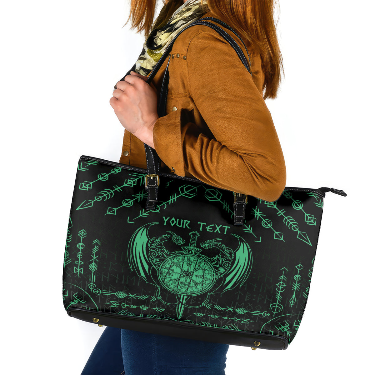 Personalized Viking Dragon Leather Tote Bag with Sword Green Scandinavian Tattoo - Wonder Print Shop