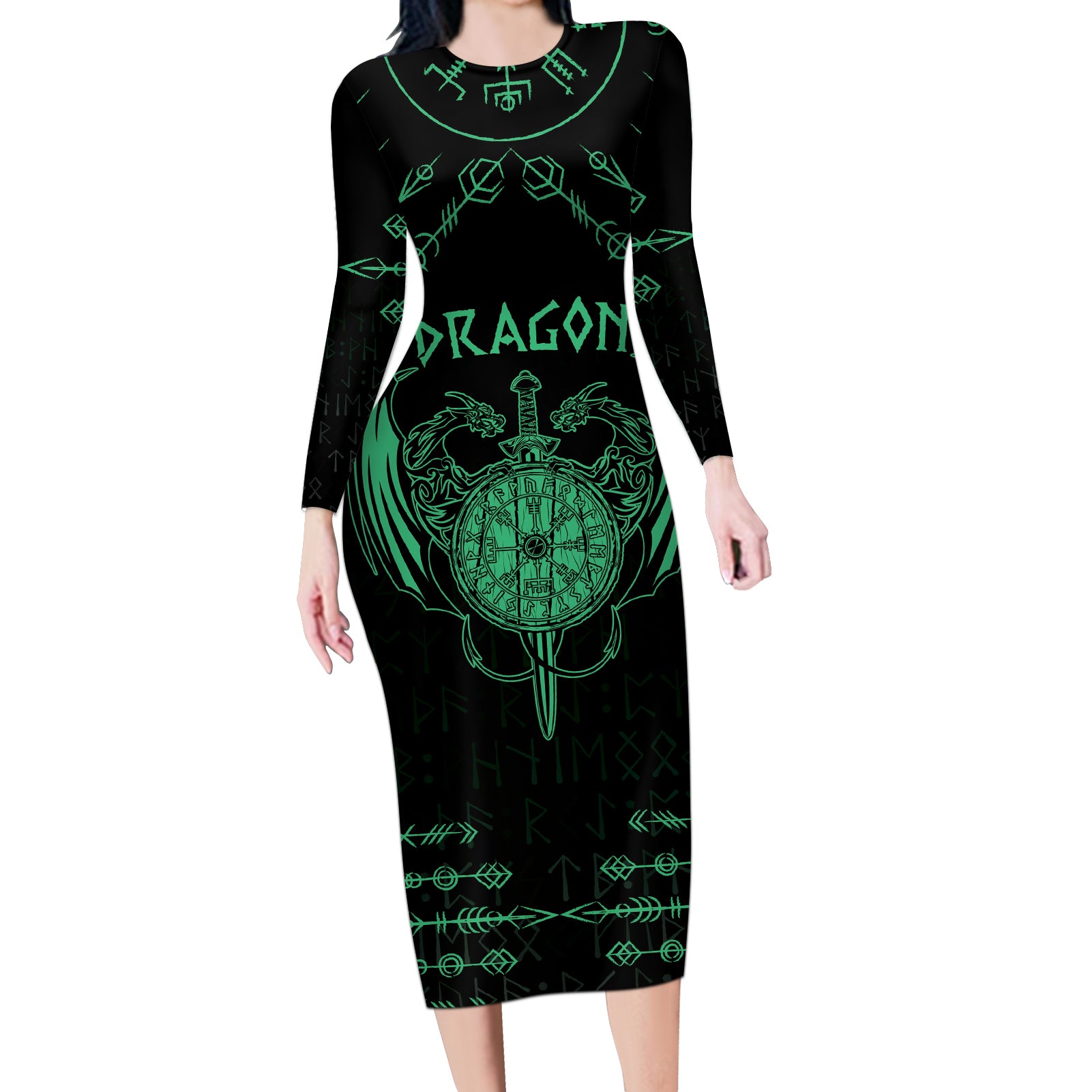 Personalized Viking Dragon Long Sleeve Bodycon Dress with Sword Green Scandinavian Tattoo - Wonder Print Shop