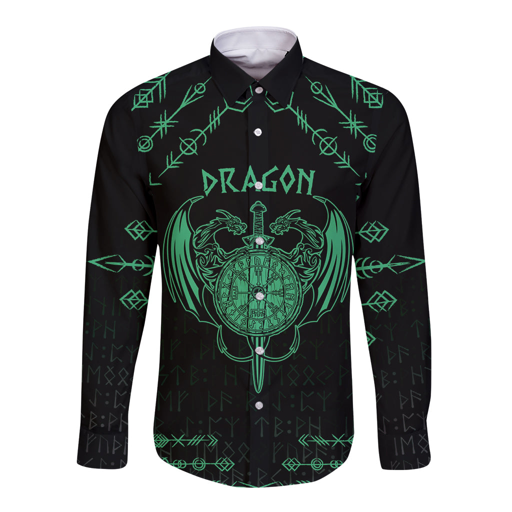 Personalized Viking Dragon Long Sleeve Button Shirt with Sword Green Scandinavian Tattoo - Wonder Print Shop