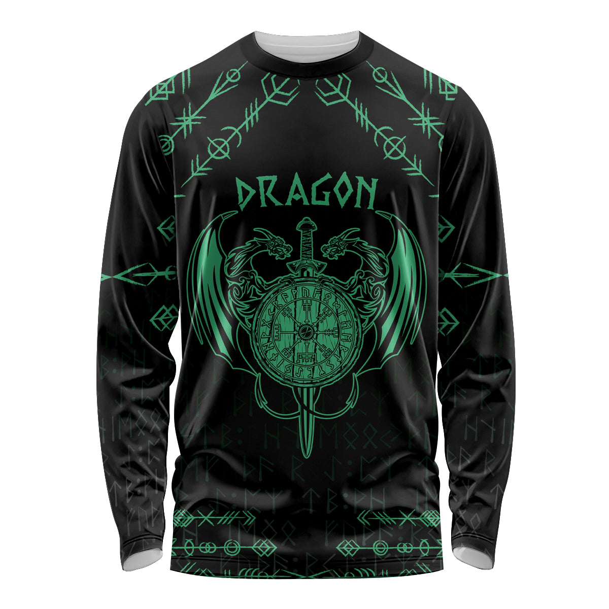 Personalized Viking Dragon Long Sleeve Shirt with Sword Green Scandinavian Tattoo - Wonder Print Shop