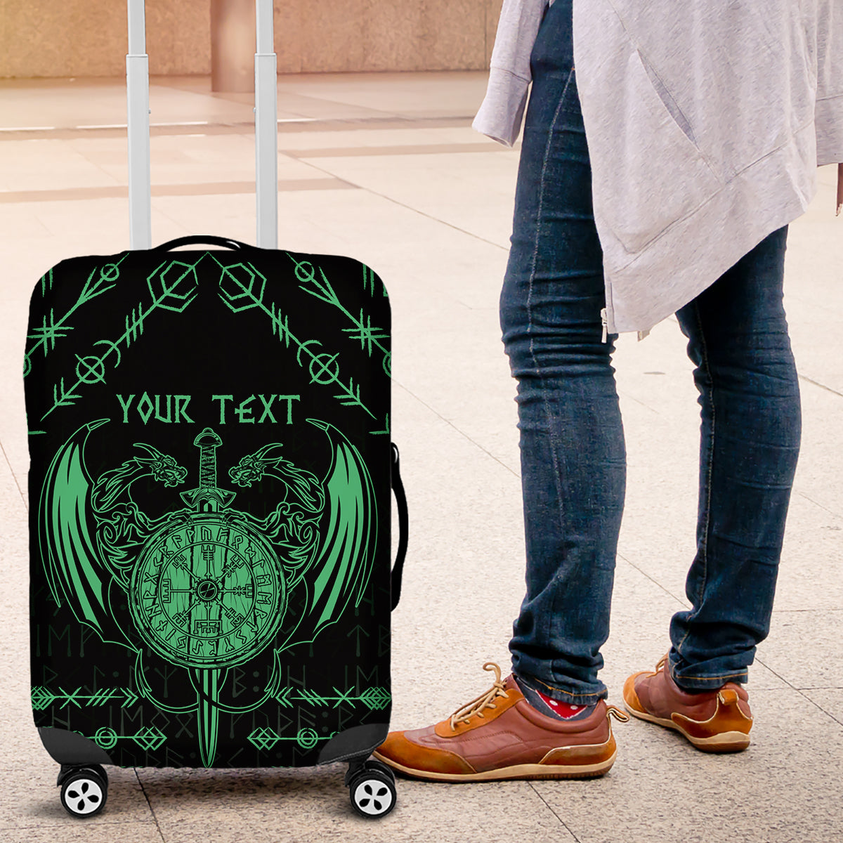 Personalized Viking Dragon Luggage Cover with Sword Green Scandinavian Tattoo - Wonder Print Shop