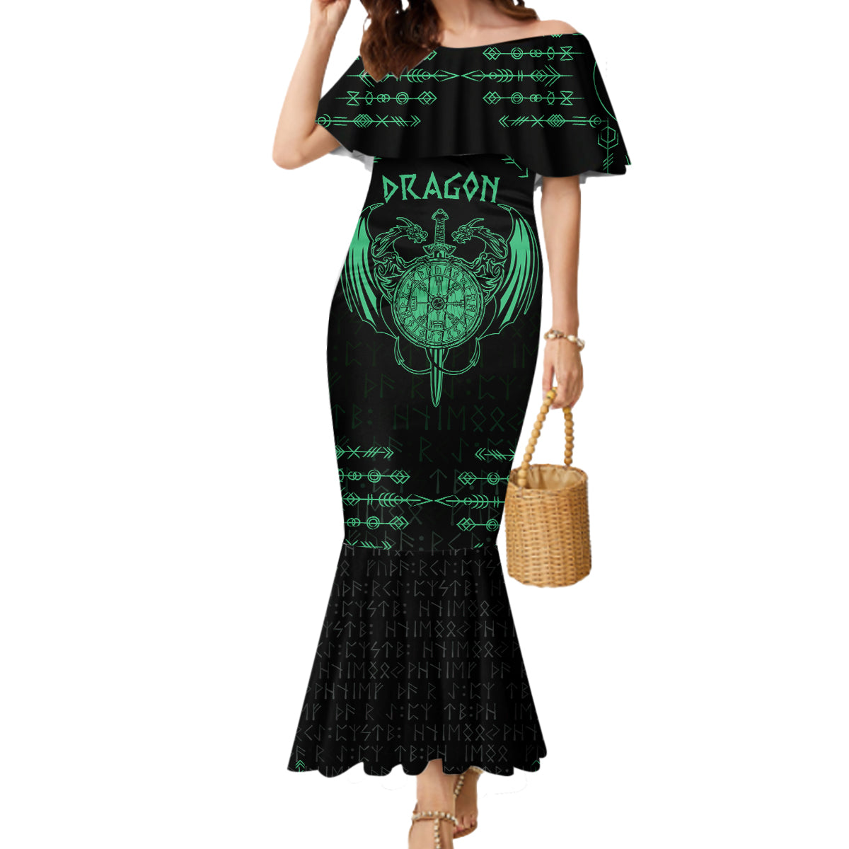 Personalized Viking Dragon Mermaid Dress with Sword Green Scandinavian Tattoo - Wonder Print Shop