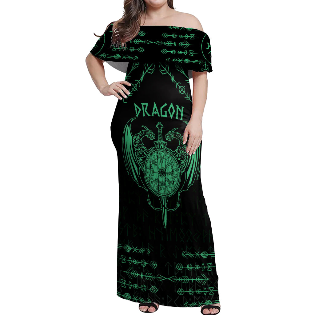 Personalized Viking Dragon Off Shoulder Maxi Dress with Sword Green Scandinavian Tattoo - Wonder Print Shop