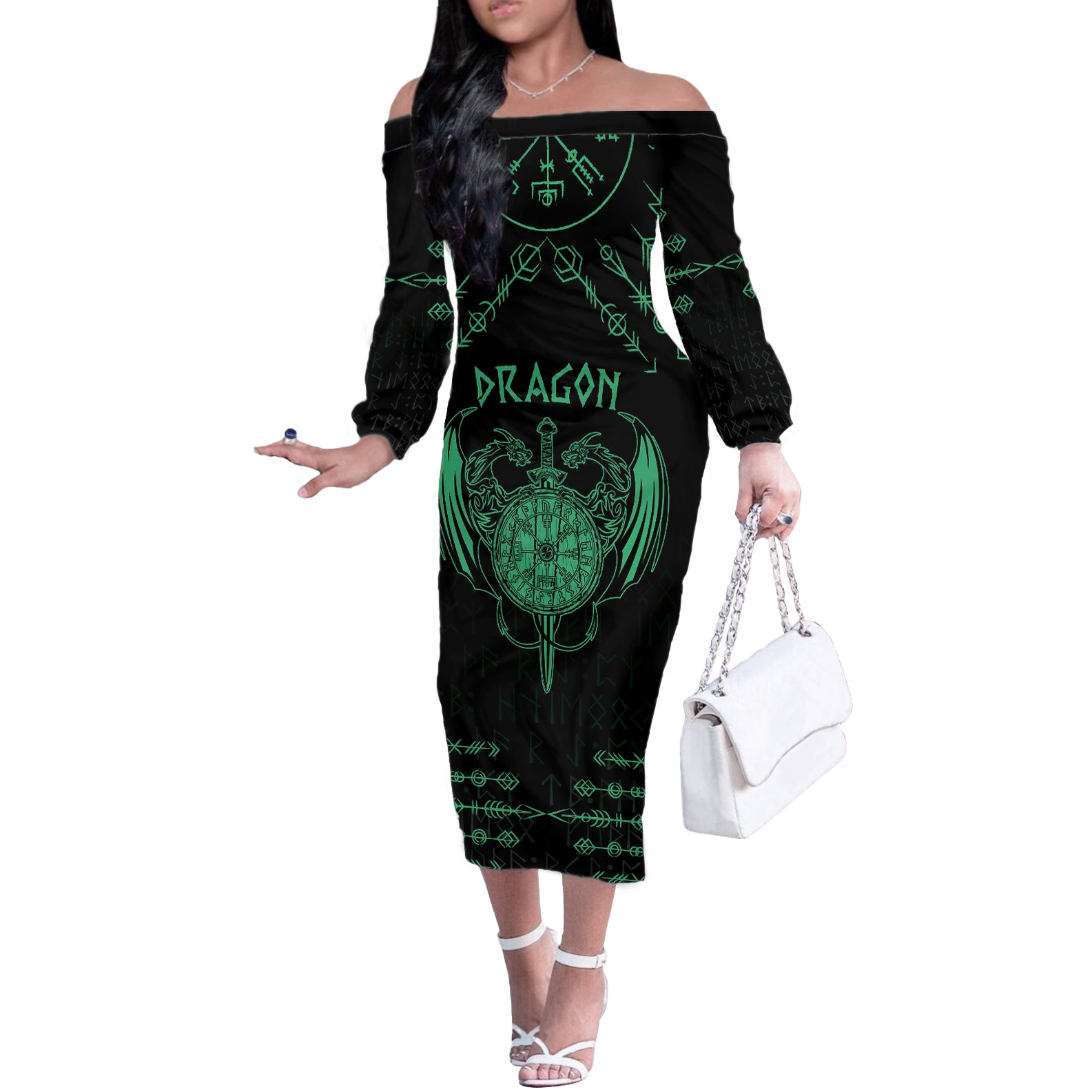 Personalized Viking Dragon Off The Shoulder Long Sleeve Dress with Sword Green Scandinavian Tattoo - Wonder Print Shop