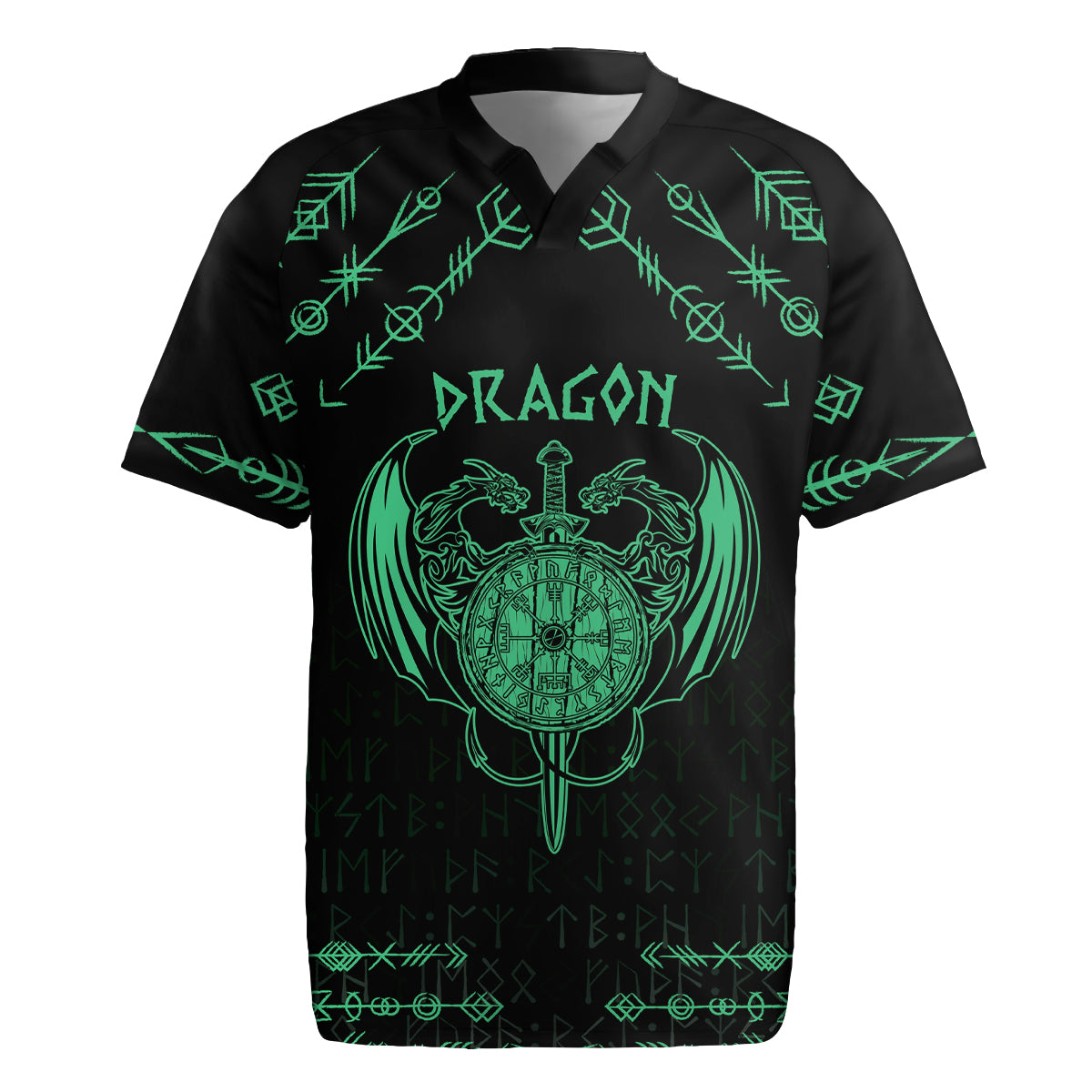 Personalized Viking Dragon Rugby Jersey with Sword Green Scandinavian Tattoo