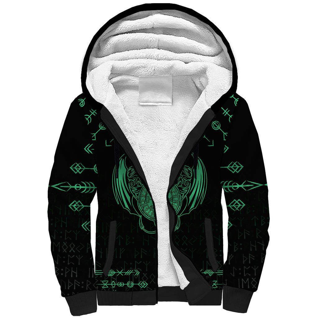 Personalized Viking Dragon Sherpa Hoodie with Sword Green Scandinavian Tattoo