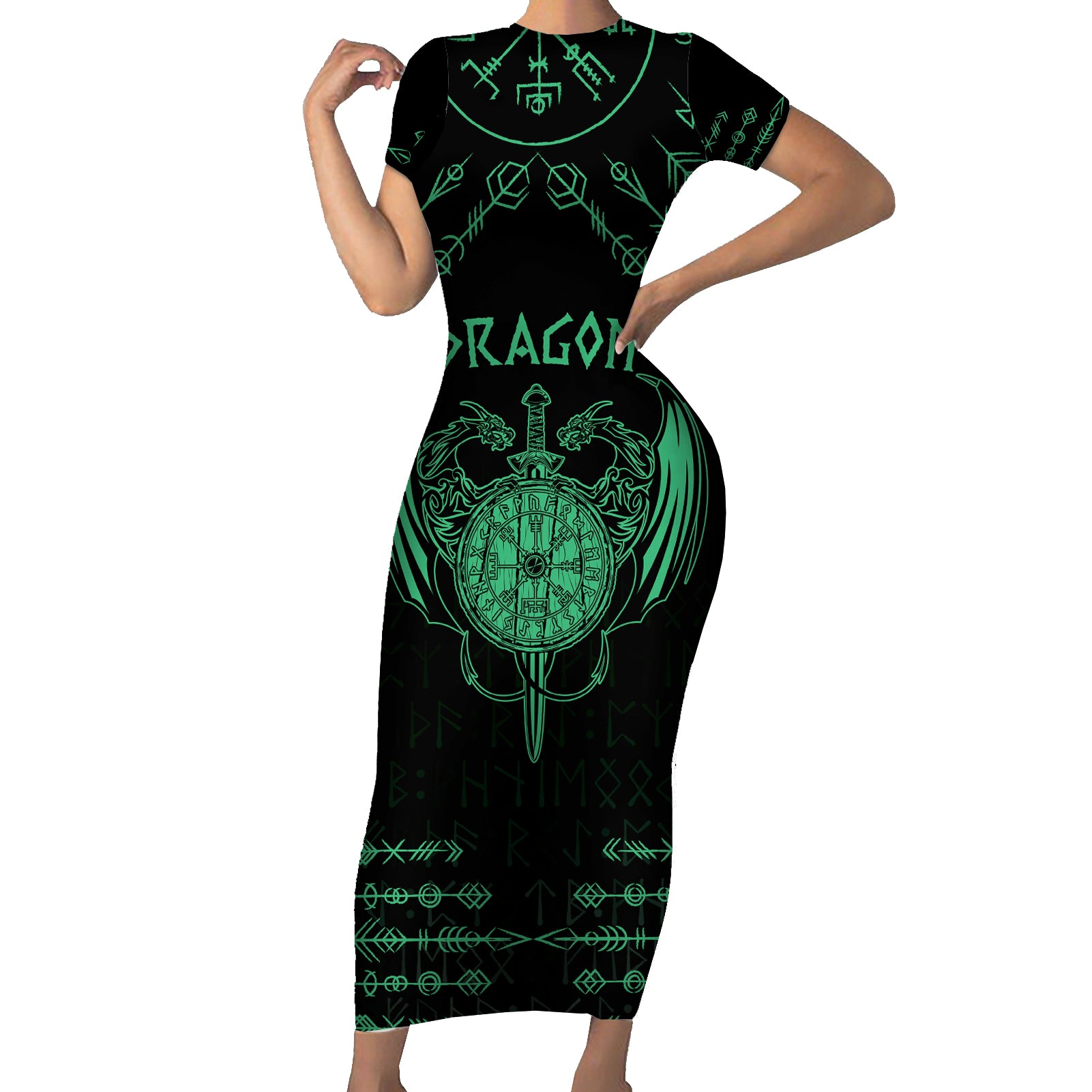 Personalized Viking Dragon Short Sleeve Bodycon Dress with Sword Green Scandinavian Tattoo