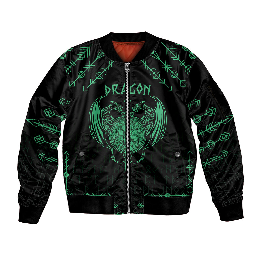 Personalized Viking Dragon Sleeve Zip Bomber Jacket with Sword Green Scandinavian Tattoo