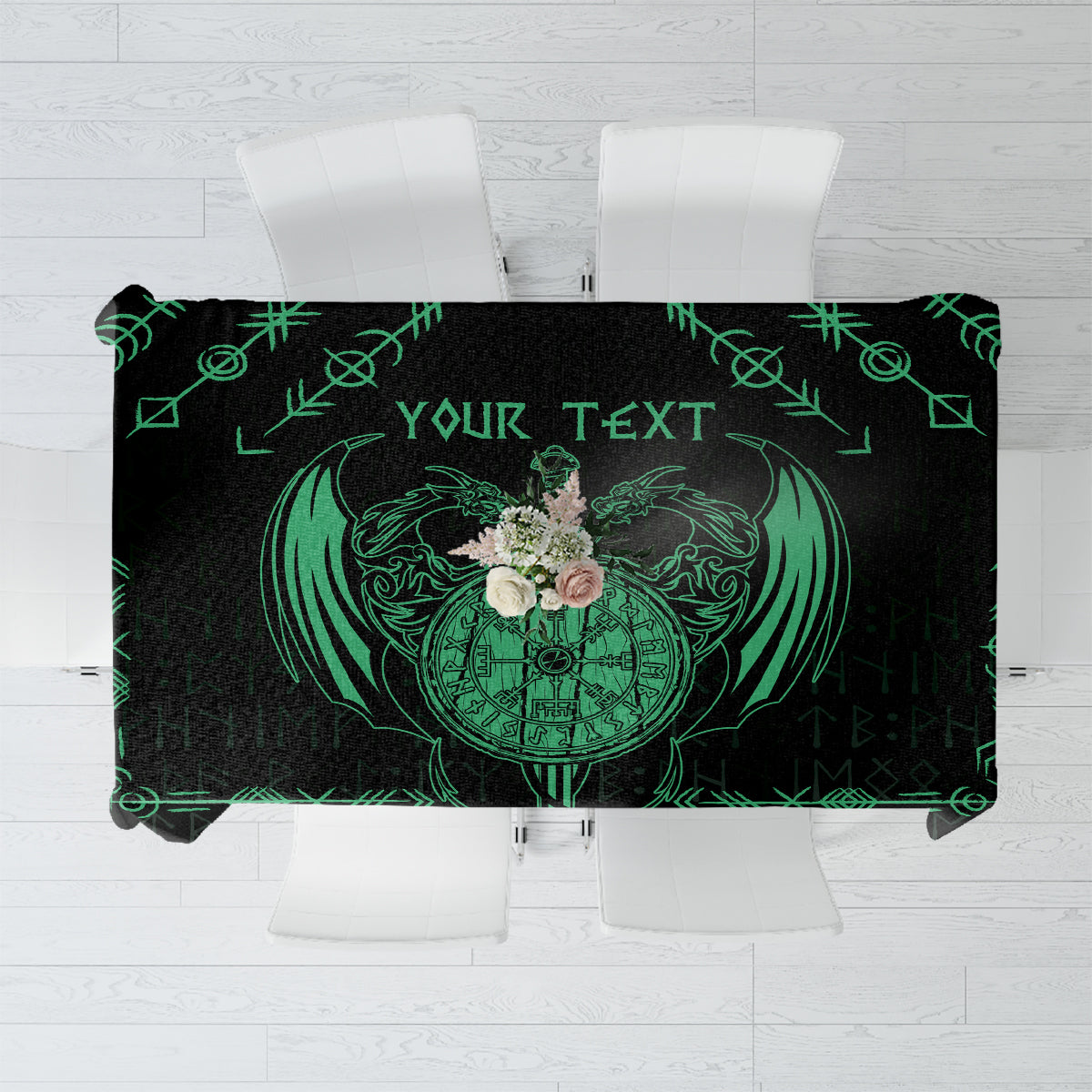 Black tablecloth with green Viking dragon and circular rune emblem, sword-like design