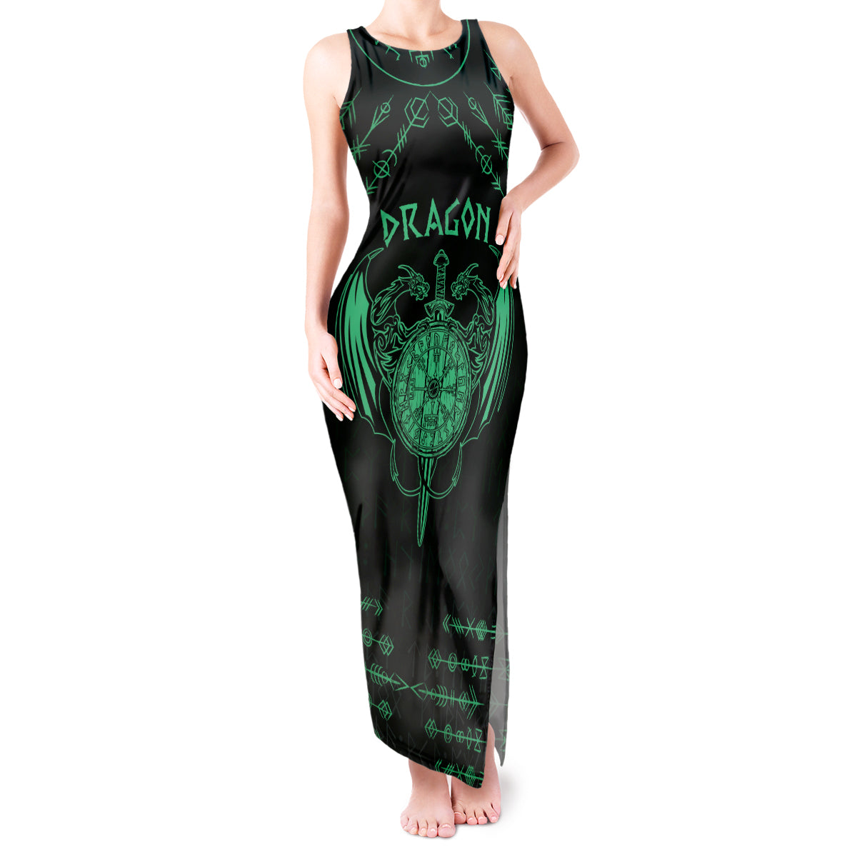 Personalized Viking Dragon Tank Maxi Dress with Sword Green Scandinavian Tattoo - Wonder Print Shop