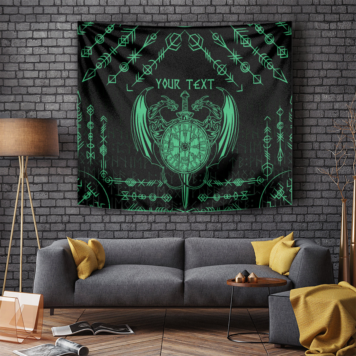 Black tapestry with green dragon crest and 'YOUR TEXT' on wall above sofa