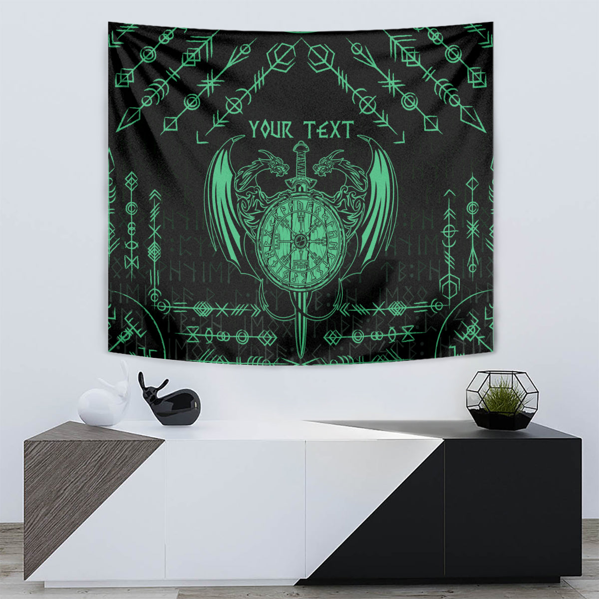 Black tapestry with green dragon crest, runes border and 'YOUR TEXT' on wall