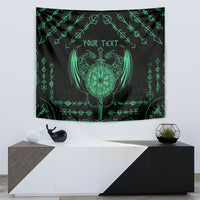 Black tapestry with green dragon crest, runes border and 'YOUR TEXT' on wall