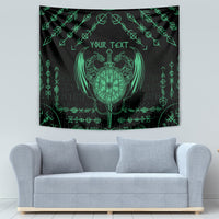 Black tapestry featuring green dragon emblem, runes frame and 'YOUR TEXT' on living room wall