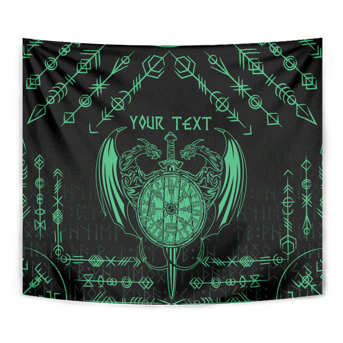 Black tapestry close-up with green viking dragon crest, sword icon, 'YOUR TEXT'