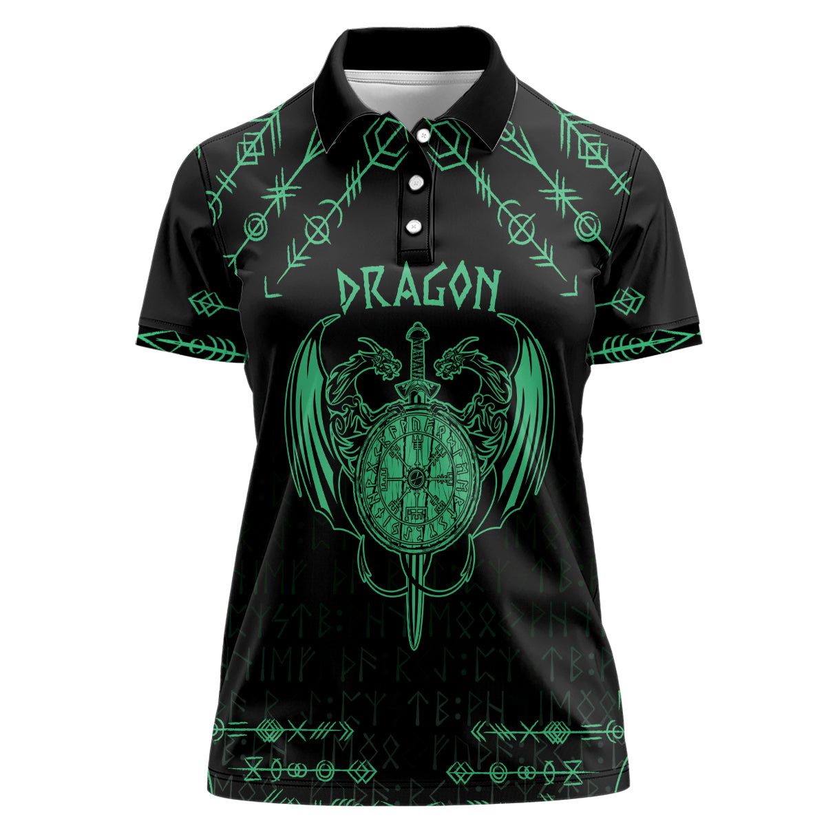 Personalized Viking Dragon Women Polo Shirt with Sword Green Scandinavian Tattoo