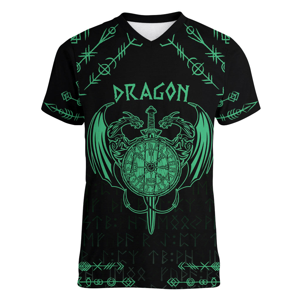 Personalized Viking Dragon Women V-Neck T-Shirt with Sword Green Scandinavian Tattoo - Wonder Print Shop