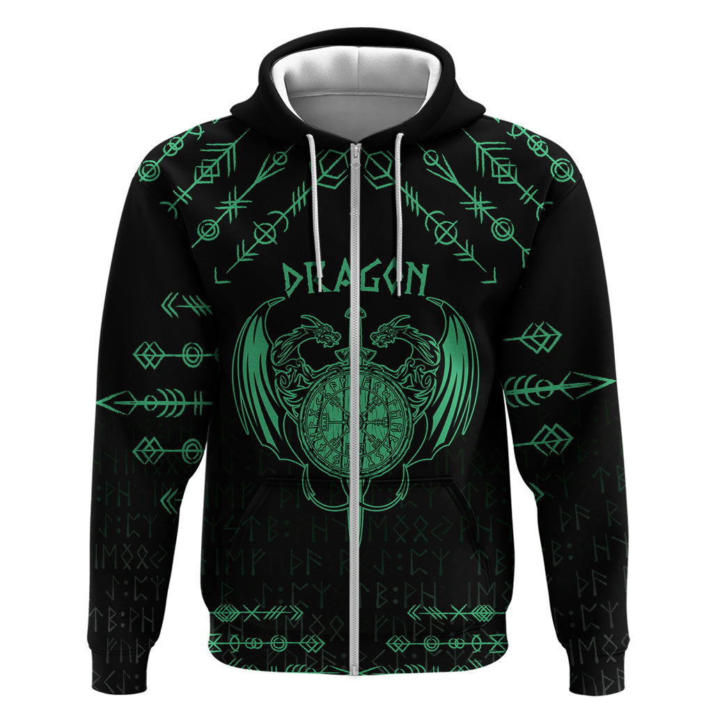 Personalized Viking Dragon Zip Hoodie with Sword Green Scandinavian Tattoo - Wonder Print Shop