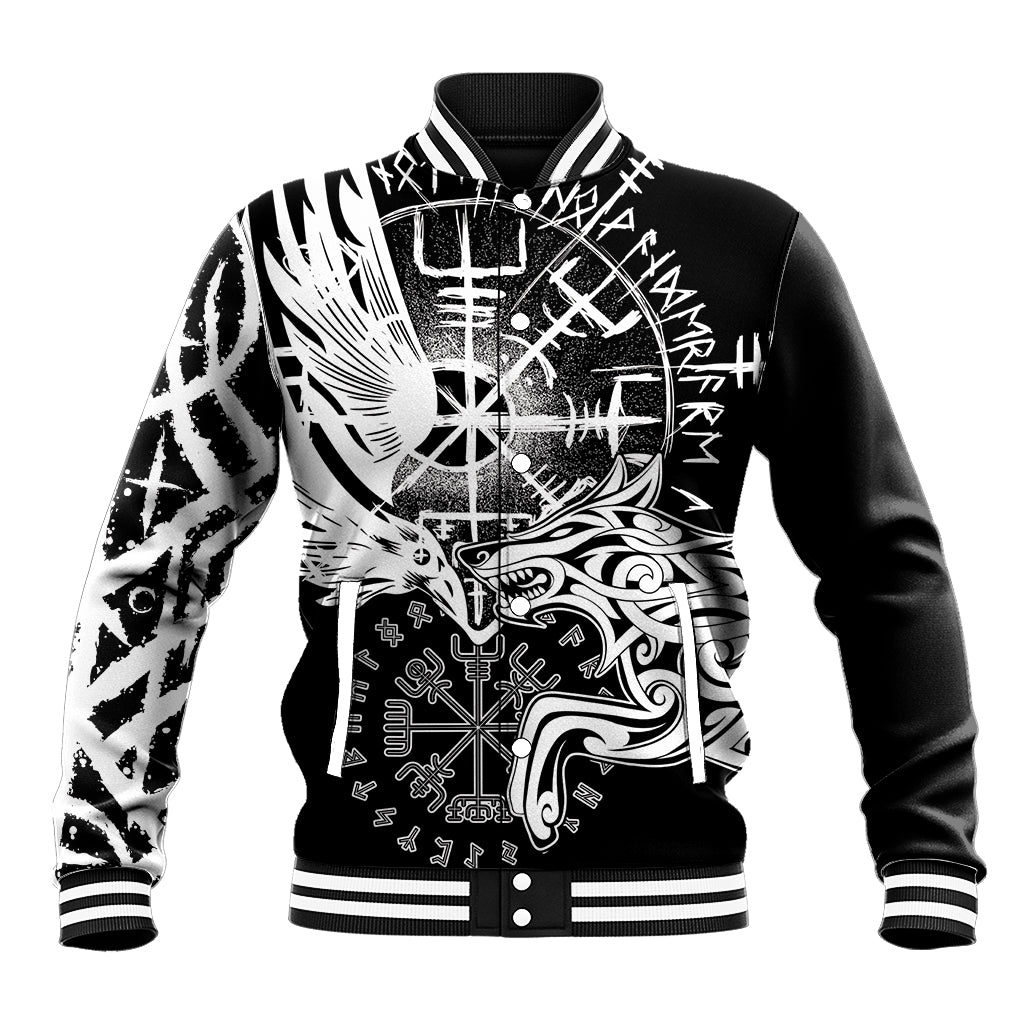 Black baseball jacket with ribbed collar and cuffs, front button-up, bold white graphic print