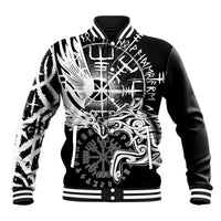 Black baseball jacket with ribbed collar and cuffs, front button-up, bold white graphic print