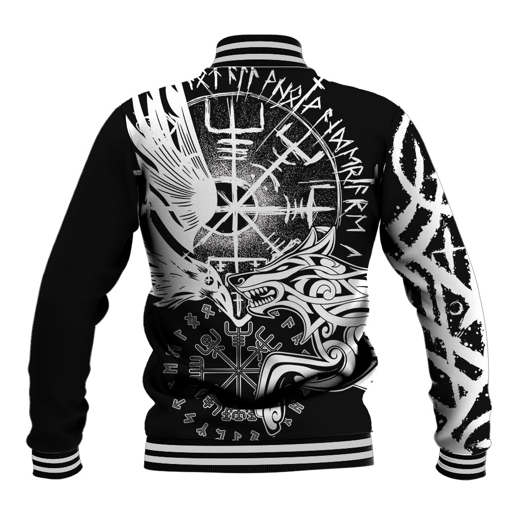Black baseball jacket with ribbed hem and cuffs, back graphic print, varsity button style