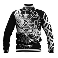 Black baseball jacket with ribbed hem and cuffs, back graphic print, varsity button style