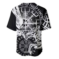 Black baseball jersey with raven and wolf graphic and rune shield design