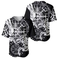 Pair of black baseball jerseys with raven and wolf graphic fronts and V-neck collars