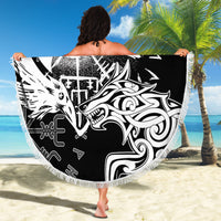 Round black beach blanket with white raven and wolf graphic, fringed edge